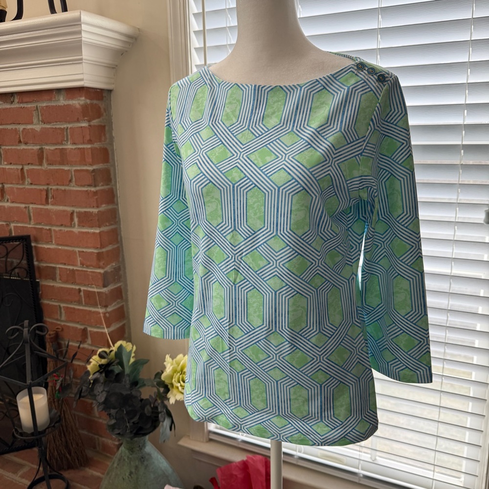 NWOT J. McLaughlin green blue & white 3/4 sleeve top size small Button front